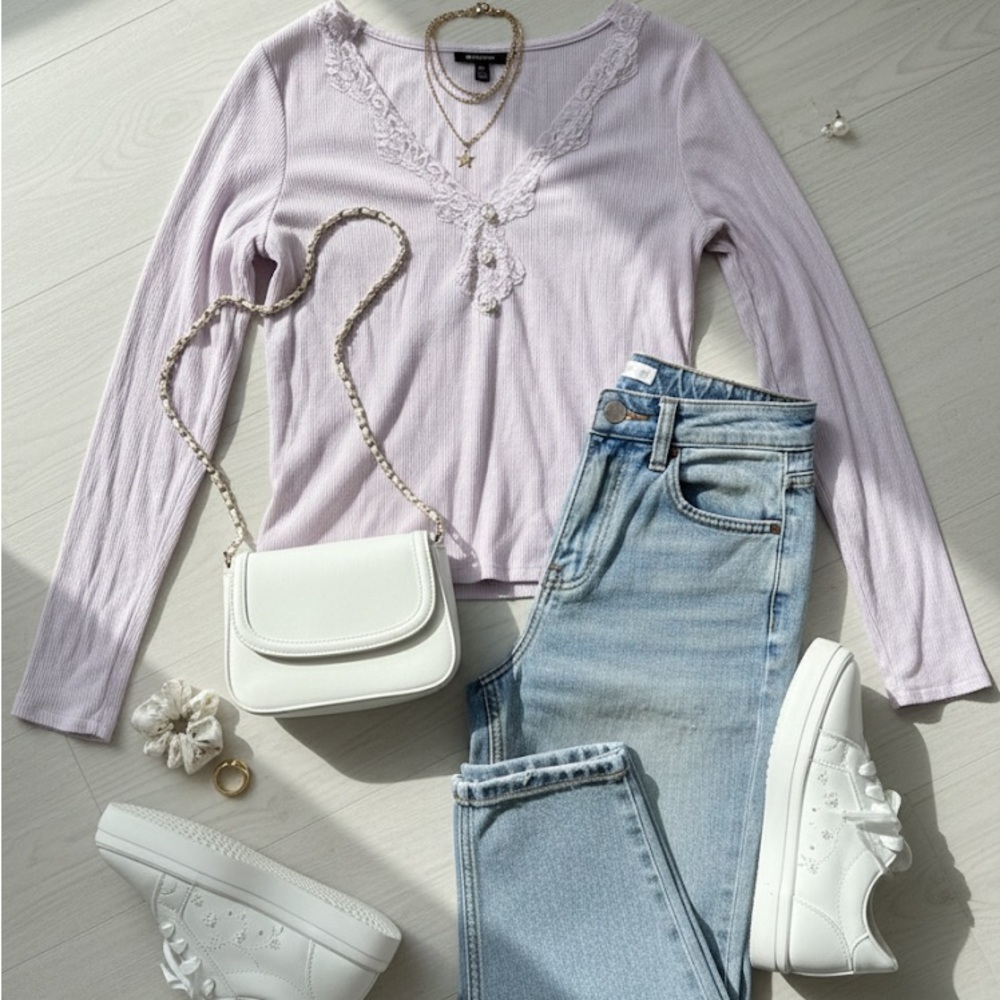 Self Esteem Lavender Ribbed Lace Trim Long Sleeve Top